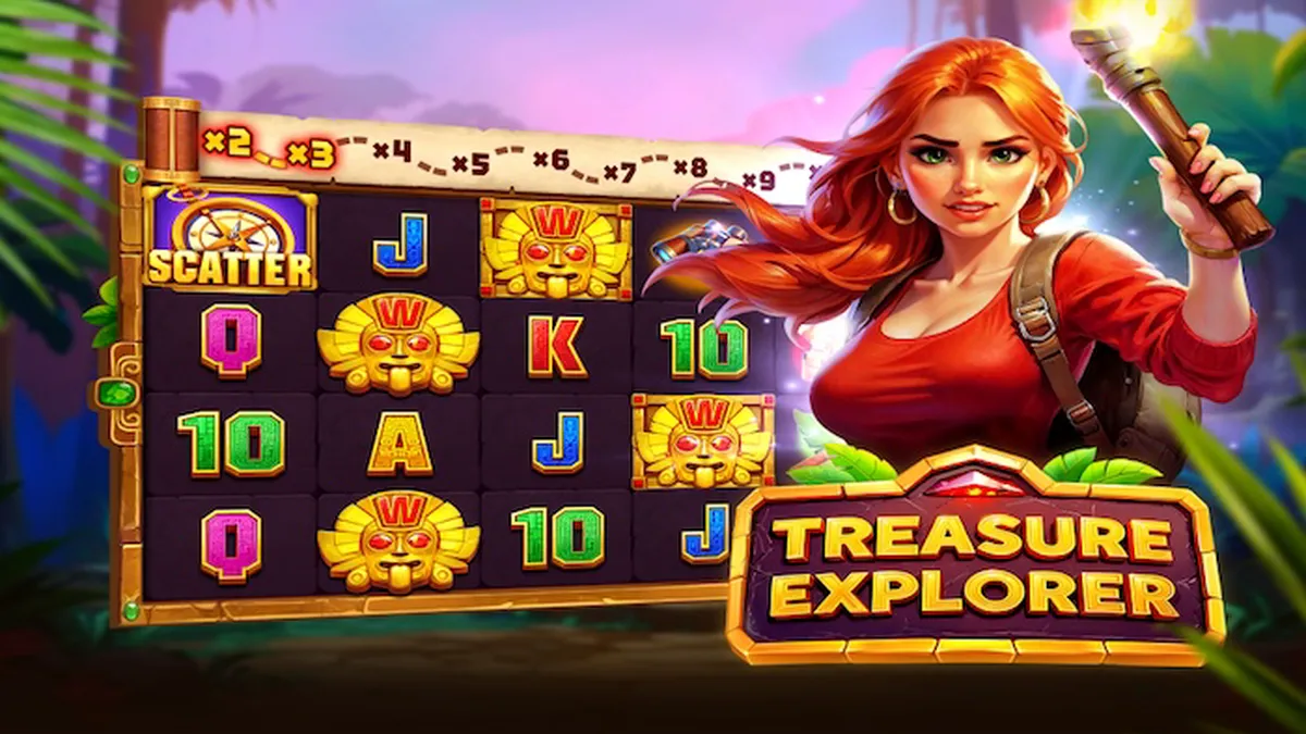 Exploradora em uma selva antiga com elementos de jogo de slot