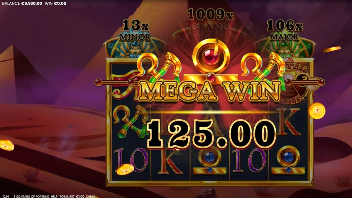Interface do jogo 3 Scarabs of Fortune com símbolos egípcios e jackpots