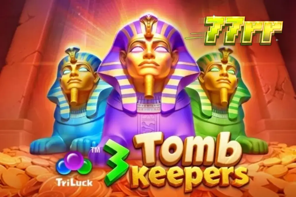 Interface do slot 3 Tomb Keepers com estátuas de faraós e símbolos egípcios